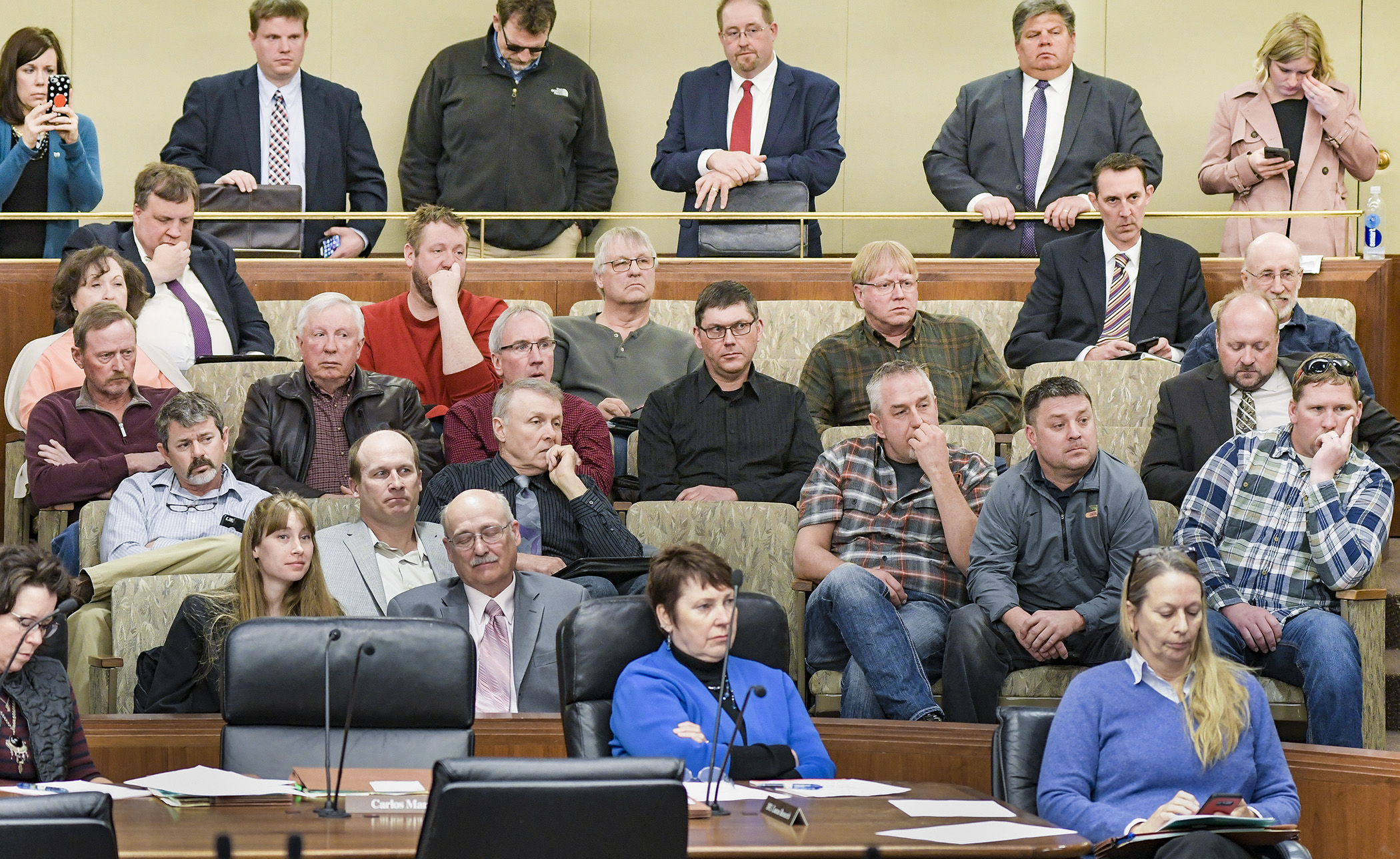 Farmers fill the seats and listen intently April 12 to a House Agriculture Policy Committee discussion on a proposed administrative penalty order plan for buffer law implementation. Photo by Andrew VonBank
